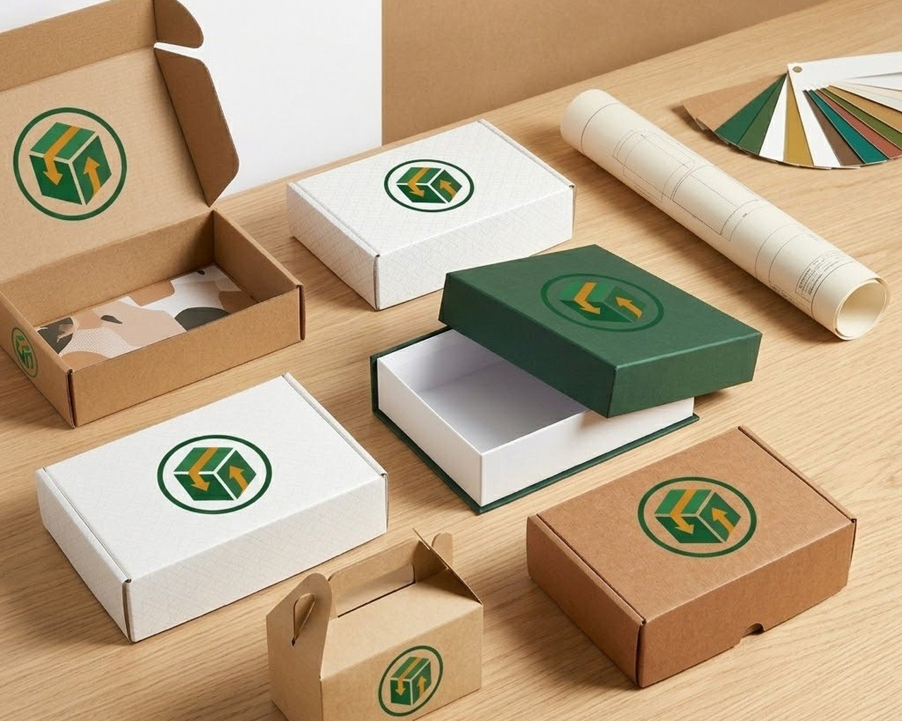Custom packaging samples on a studio table